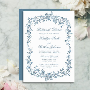 Dusty Blue Vintage Blommigt Script Rehearsal Dinne Inbjudningar