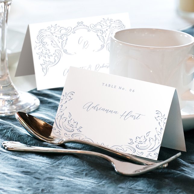Dusty Blue Vintage Flourable Folplace Card Bordsnummer (Dusty Blue Vintage Flourish Foldable Place Card)