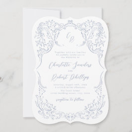 Dusty Blue Vintage Flourish Monogram Bröllop Inbjudningar