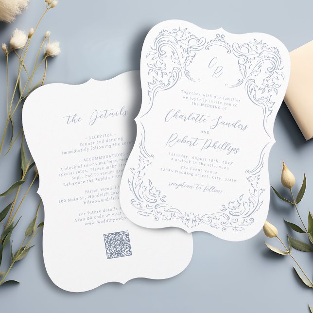 Dusty Blue Vintage Flourish Monogram Bröllop Inbjudningar (Dusty Blue Vintage Flourish Monogram Wedding Invitation)