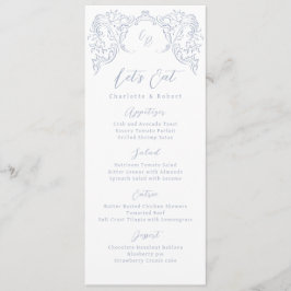 Dusty Blue Vintage Flourish Monogram Bröllop Meny