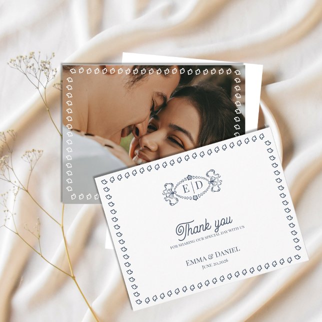 Dusty Blue Vintage Foto Bröllop Tacksamhet Vykort (Dusty Blue Vintage Photo Wedding Thank You Card | Classic Elegant Reception Thank You )