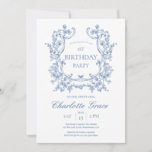Dusty Blue Vintage Monogram Birthday-inbjudan Tack Kort