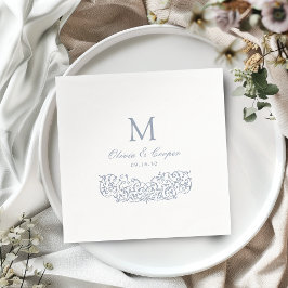 Dusty Blue Vintage Ornate Classic Monogram Bröllop Pappersservett