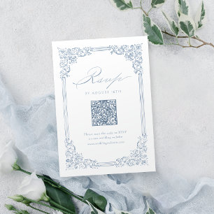 Dusty Blue Vintage Ram Elegant QR-kod Bröllop OSA Kort