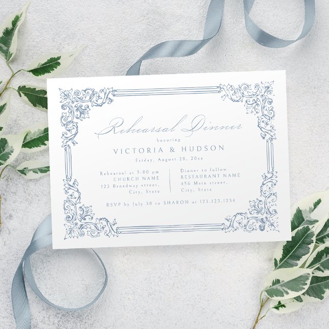 Dusty Blue Vintage Ram Elegant Rehearsal Dinner Inbjudningar (Dusty Blue Vintage Frame Elegant Rehearsal Dinner Invitation)
