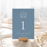 Dusty Blue Vintage Vapensköld Bröllop Bordsnummer<br><div class="desc">Den här vackra designen är en del av en underbar samling! Innehåller en känslig vintage ram och elegant text.</div>