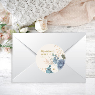 Dusty Blue Vit Blommig Guld Glitter Sweet 16 Runt Klistermärke