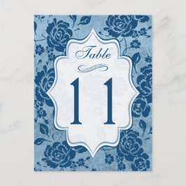Dusty Blue, Vit Blommigt Damask-Bordsnummer Vykort