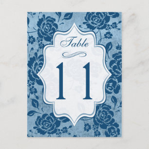 Dusty Blue, Vit Blommigt Damask-Bordsnummer Vykort