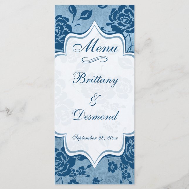 Dusty Blue, Vit Blommigt Damask-bröllopsmenykort Meny (Framsida)