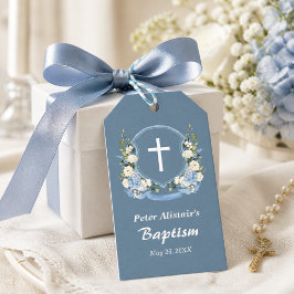Dusty Blue Vit Kors Blommig Krönika Dop Favor Presentetikett