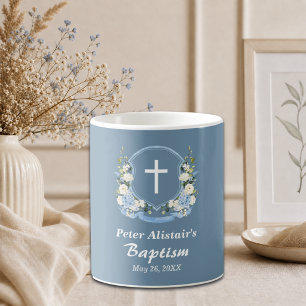 Dusty Blue Vit Kors Blommig Vapen Dop Favor Kaffemugg