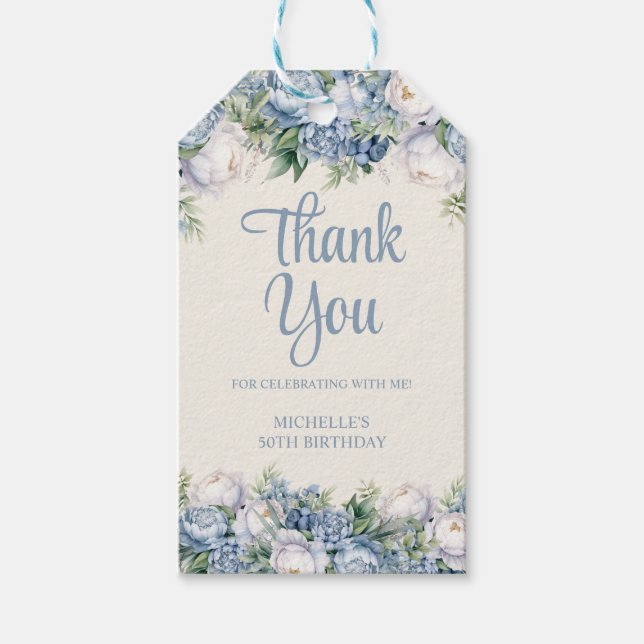 Dusty Blue Vit ros 50:e födelsedagen Presentetikett (Framsidan)