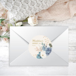 Dusty Blue Vita Blommiga Guld Glitter Sweet 16 Runt Klistermärke