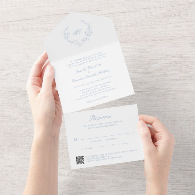 Dusty Blue WAN Monogram QR Kod Elegant bröllop (Avrivbar del)
