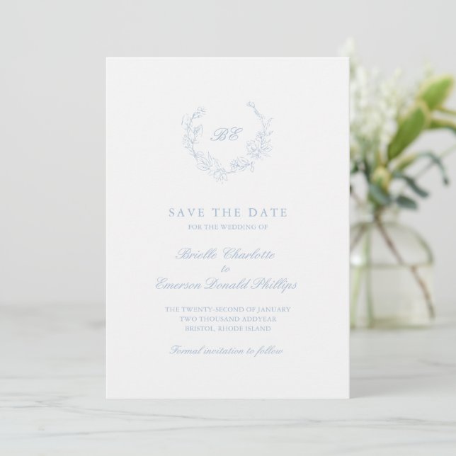 Dusty Blue WAN Monogram QR Kod Elegant bröllop Spara Datumet (Stående Fram)