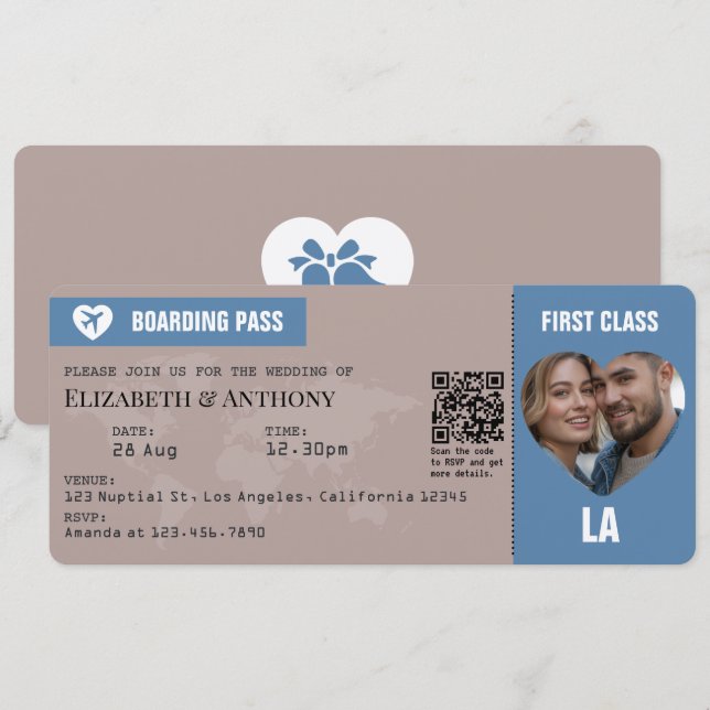 Dusty Blue & Warm Taupe Boarding Pass Wedding Inbjudningar (Fram/baksida)