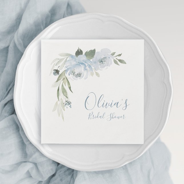 Dusty blue water color blommigt möhippa pappersservett (Dusty blue watercolor floral bridal shower napkins)