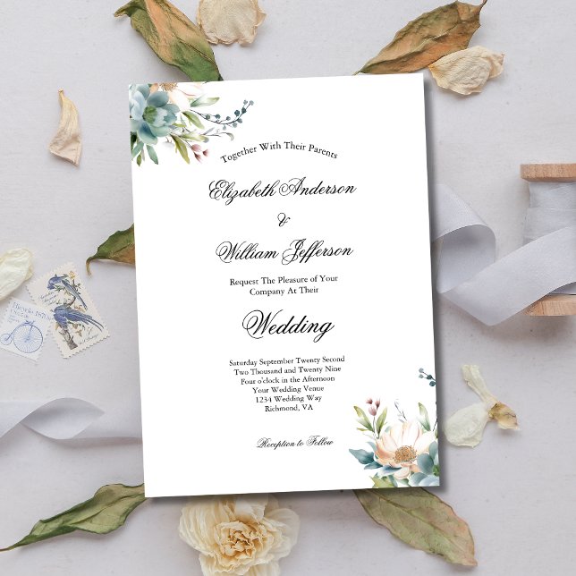 Dusty Blue Watercolor Blommigt Botanical Bröllop Inbjudningar (Dusty Blue Cream Watercolor Floral Elegant Wedding Invitation)