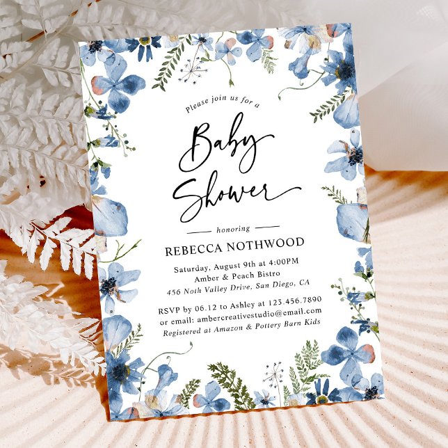 Dusty Blue Watercolor Blommigt Boy Shower Inbjudningar (Skapare uppladdad)
