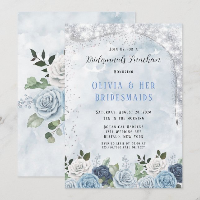 Dusty Blue Watercolor Blommigt Bridesmaids Luncheo Inbjudningar (Fram/baksida)