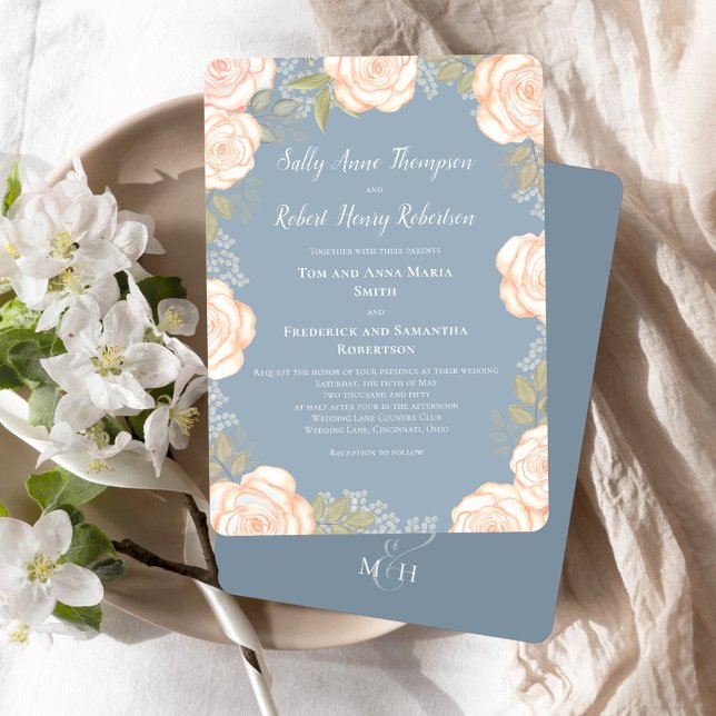 Dusty Blue Watercolor Blommigt Bröllop Inbjudningar (Dusty blue wedding invitations with watercolor blush pink floral.)