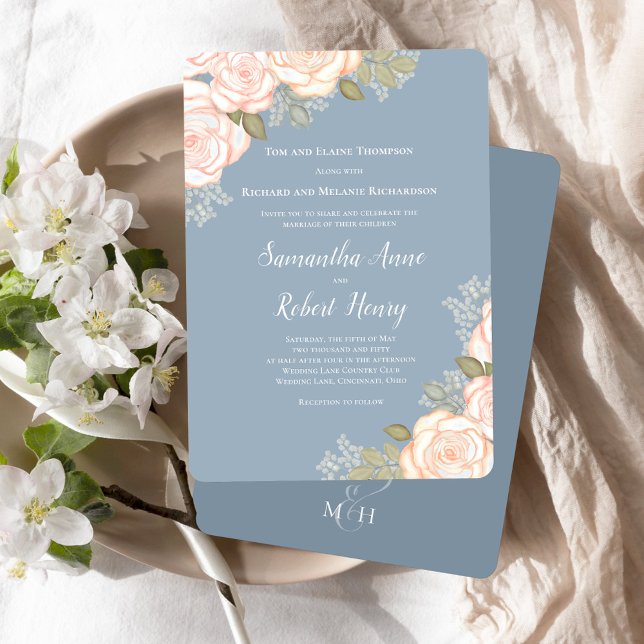 Dusty Blue Watercolor Blommigt Bröllop Inbjudningar (Elegant blush pink floral dusty blue wedding invitation.)