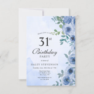 Dusty Blue Watercolor Blommigt Chic 31a Birthday Inbjudningar