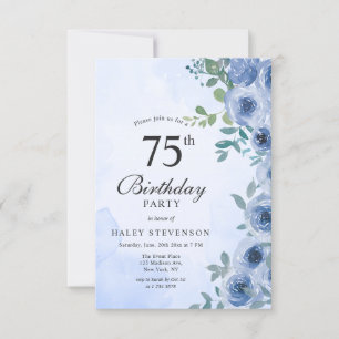 Dusty Blue Watercolor Blommigt Chic 75:e Birthday  Inbjudningar