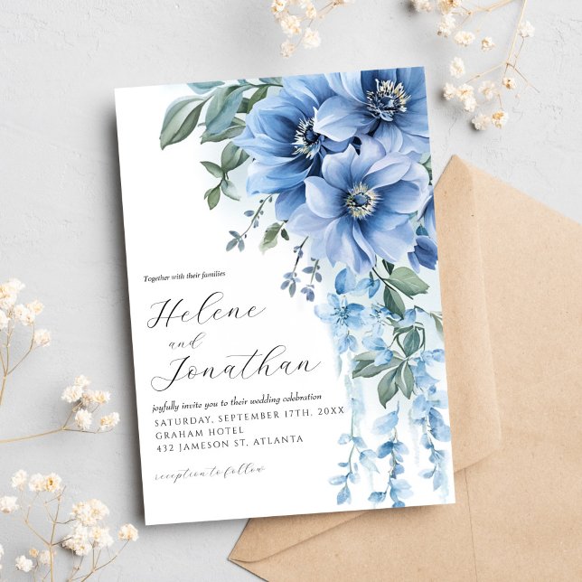 Dusty Blue Watercolor Blommigt Elegant bröllop Inbjudningar (Dusty Blue Watercolor Floral Elegant Wedding Invitation)