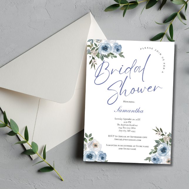 Dusty Blue Watercolor Blommigt Elegant Möhippa Inbjudningar (Dusty Blue White Watercolor Floral Bridal Shower Invitation. Printed or Instant Digital Download)