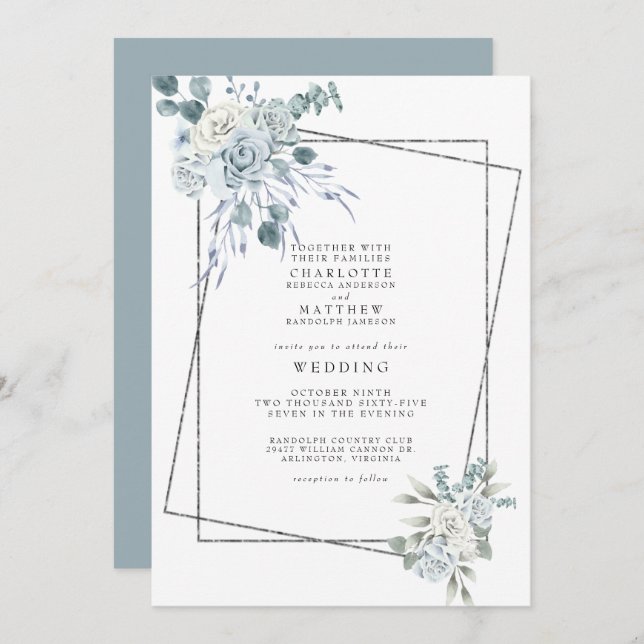 Dusty Blue Watercolor Blommigt Geometric Bröllop Inbjudningar (Fram/baksida)