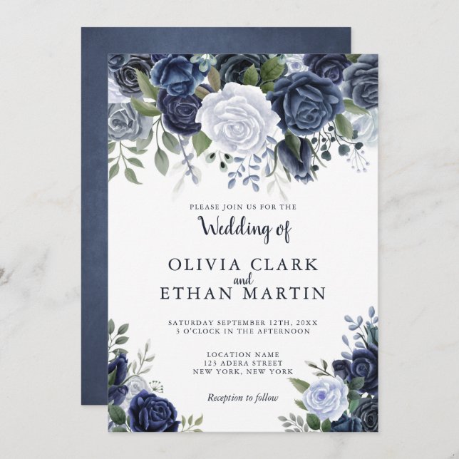 Dusty Blue Watercolor, Blommigt Inbjudningar (Fram/baksida)