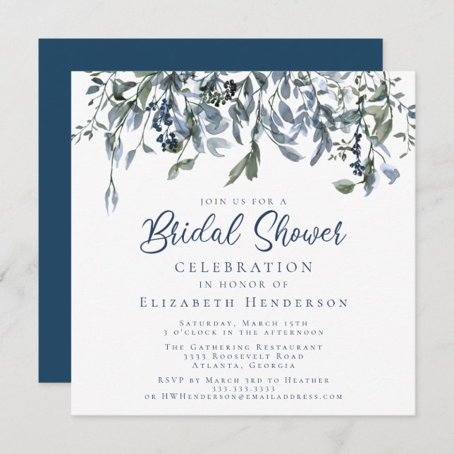 Dusty Blue Watercolor Blommigt Möhippa Inbjudningar (Fram/baksida)