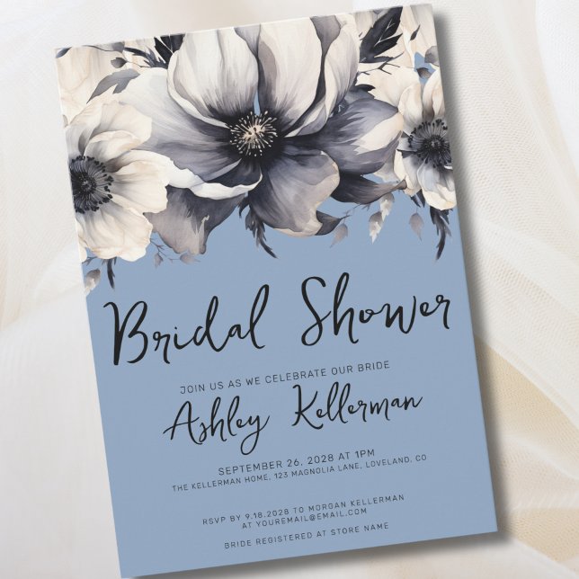 Dusty Blue Watercolor Blommigt Möhippa Inbjudningar (Chic Elegant Floral Periwinkle Blue Bridal Shower Invitation)