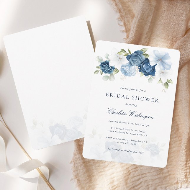 Dusty Blue Watercolor Blommigt Möhippa Inbjudningar (Dusty Blue Floral Elegant Bridal Shower Invitation)
