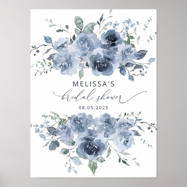 Dusty Blue Watercolor Blommigt Möhippa Poster (Framsidan)