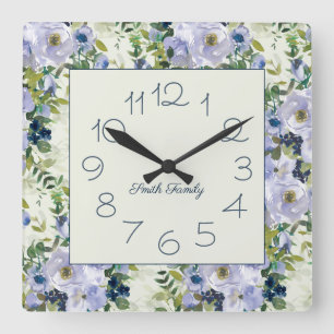 Dusty Blue Watercolor Blommigt Namn Kitchen Fyrkantig Klocka
