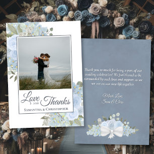 Dusty Blue Watercolor Blommigt Photo & Note Bröllo Tack Kort