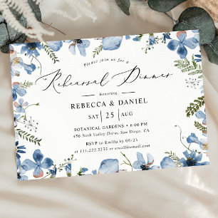 Dusty Blue Watercolor Blommigt Rehearsal Dinner Inbjudningar