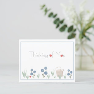 Dusty Blue Watercolor Blommigt Thinking of You Vykort