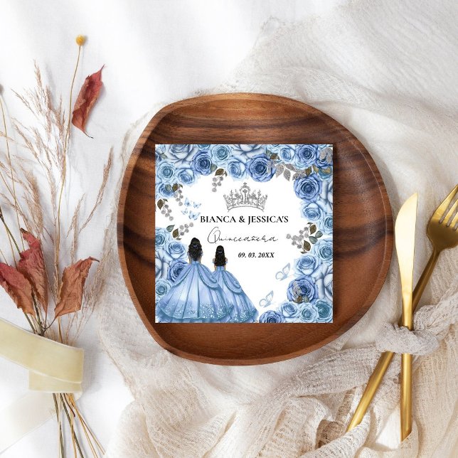 Dusty Blue Watercolor Blommigt Twin Quinceañera Pappersservett (Skapare uppladdad)