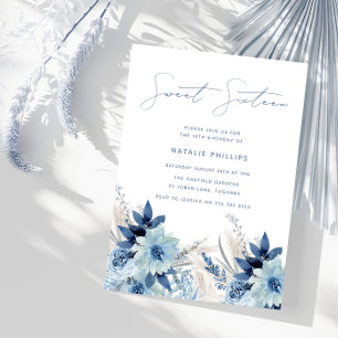 Dusty Blue Watercolor Blommigts Sweet 16 Birthday Inbjudningar