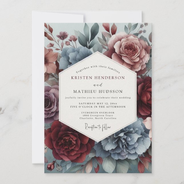 Dusty Blue Watercolor Bloom Wedding Inbjudningar (Framsida)
