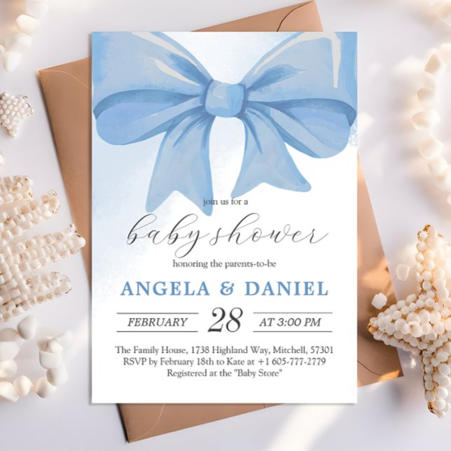 Dusty Blue Watercolor Bow Baby Shower Inbjudningar (Dusty Blue Watercolor Bow Baby Shower Invitation)
