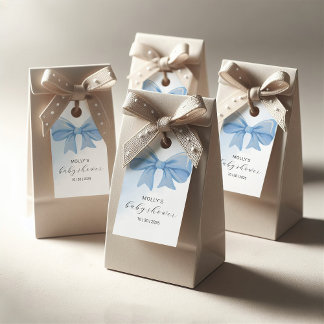 Dusty Blue Watercolor Bow Baby Shower Presentetikett