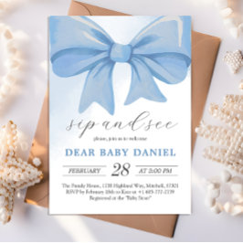 Dusty Blue Watercolor Bow Baby Shower Sip and See Inbjudningar