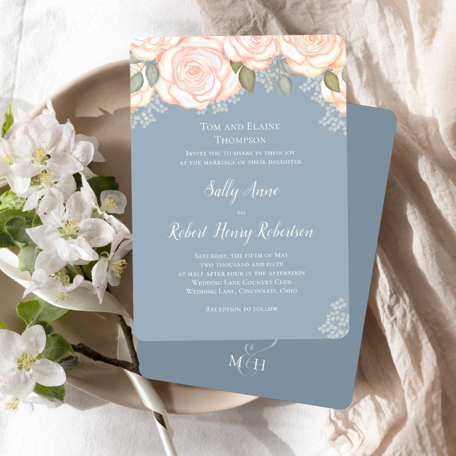 Dusty Blue Watercolor Bröllop Blommigt Inbjudningar (Elegant dusty blue wedding invitation template.)