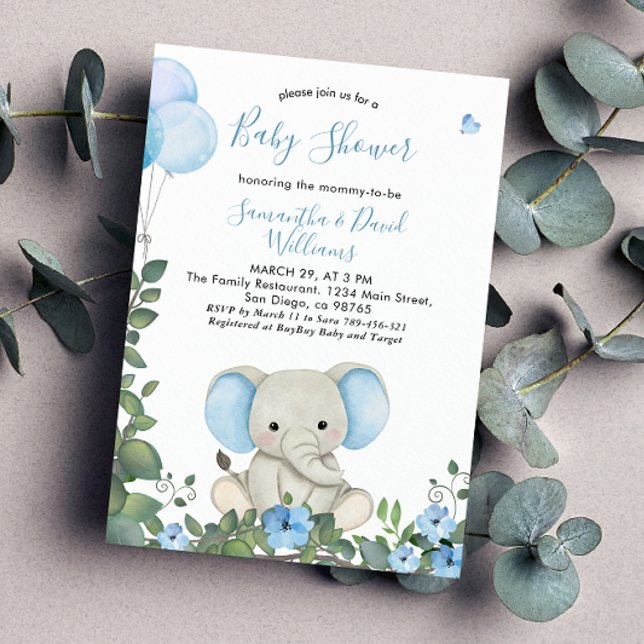 Dusty Blue Watercolor Cute Elephant Baby Shower Inbjudningar (Skapare uppladdad)